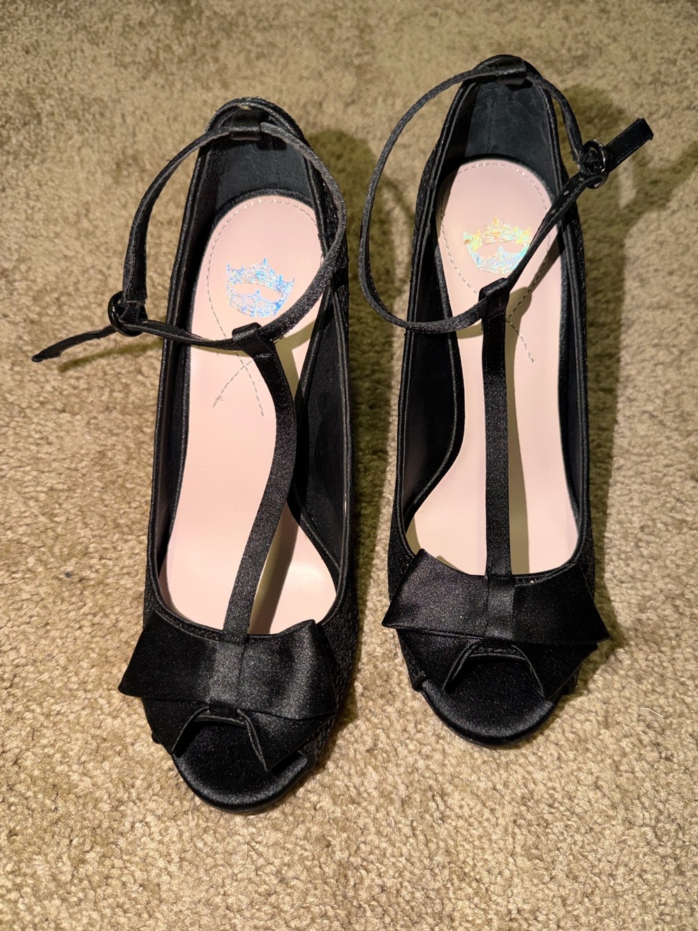 Womenβs Black Satin & Sparkly T-Strap Peep Toe Heels